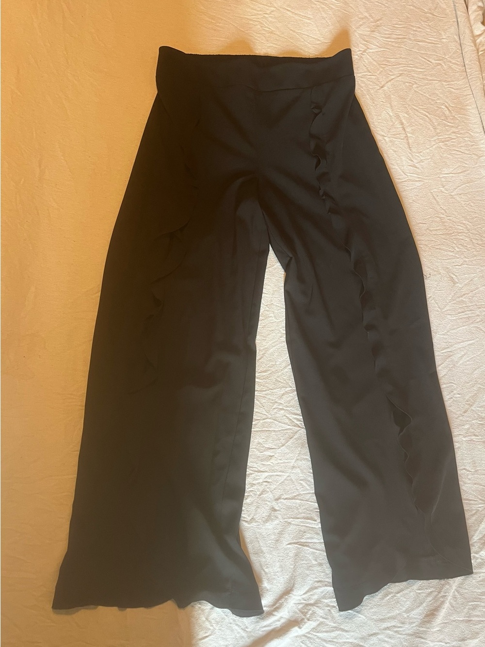 7th Ave NY & Company High-Rise Black Wide-Leg Pants with Side Ruffle Detail